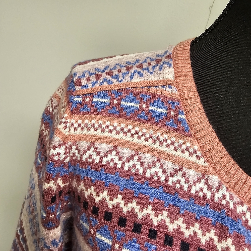 L.L. Bean Cashmere Blend Button Down Cardigan Sweater Fair Isle Pastel Blue - Picture 4 of 9